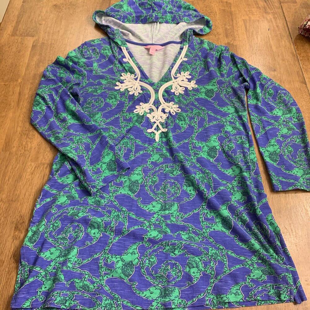 Lilly Pulitzer Hoodie Tunic Women Sz S Noelle Blue Loopy Elephants Artsy… - Picture 1 of 10